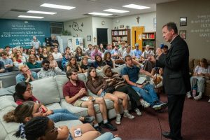 Bishop Pohlmeier interacts, shares stories with college students